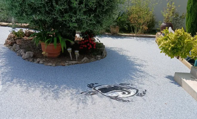 Pose d'un tapis de pierre , Cavaillon, FW.Résine
